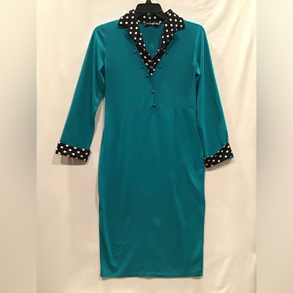 Elegant Teal Long Sleeve Dress with Polka Dot Trim T3 225